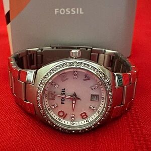 FOSSIL WATCH GLITZ BEZEL SILVER BRACELET BAND
